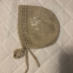 Handmade Knit Baby Bonnet with Floral Embroidery